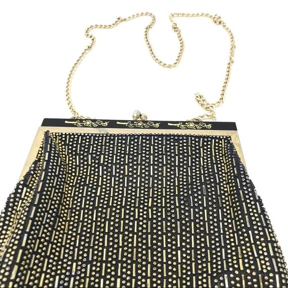 Vintage Gold and Black Beaded Evening Shoulder Handbag Metal Frame - Picture 3 of 12